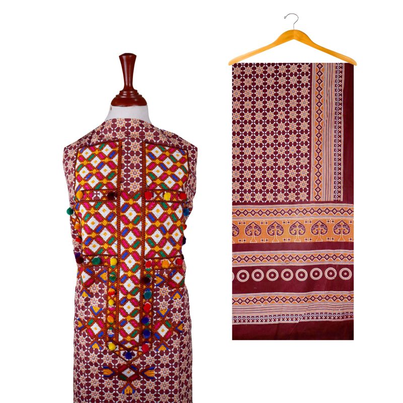Block Printed Malir Ajrak Embroidered 2pc Suit-NBL