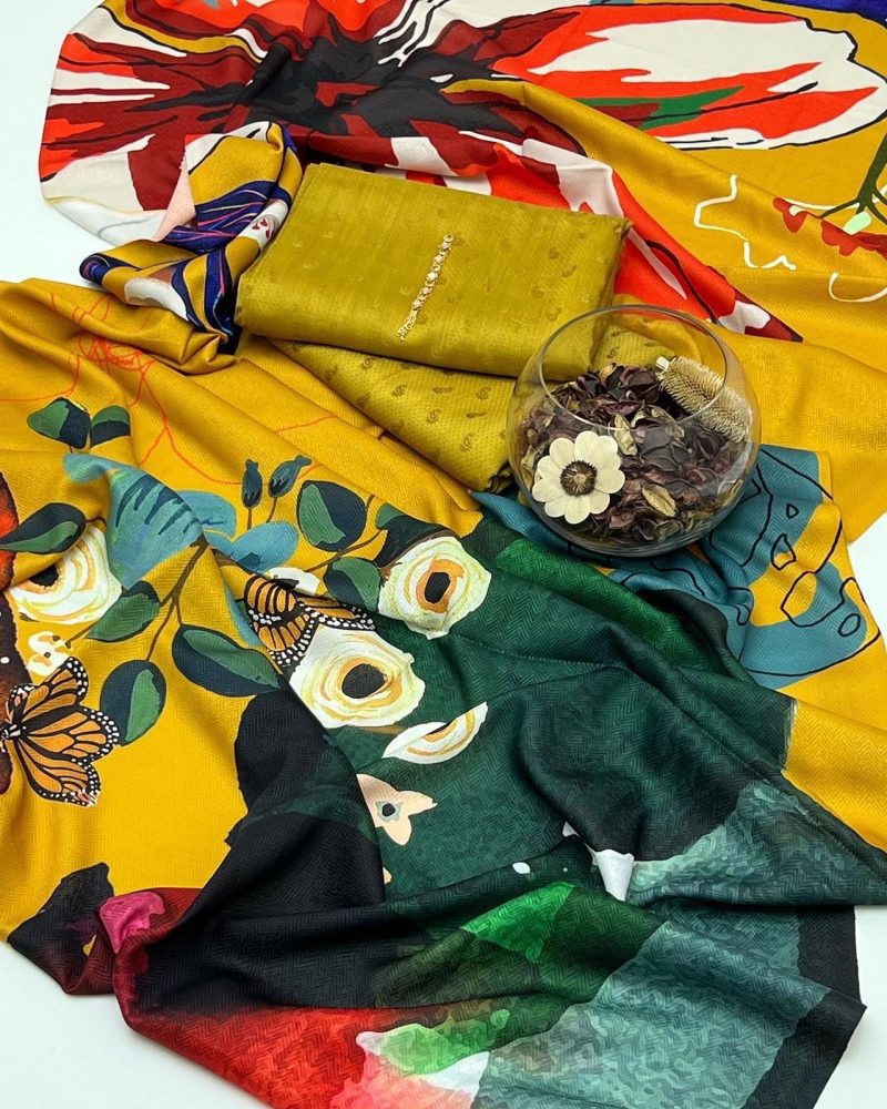 Viscose 3pc Suit with Printed Woolen Shawl