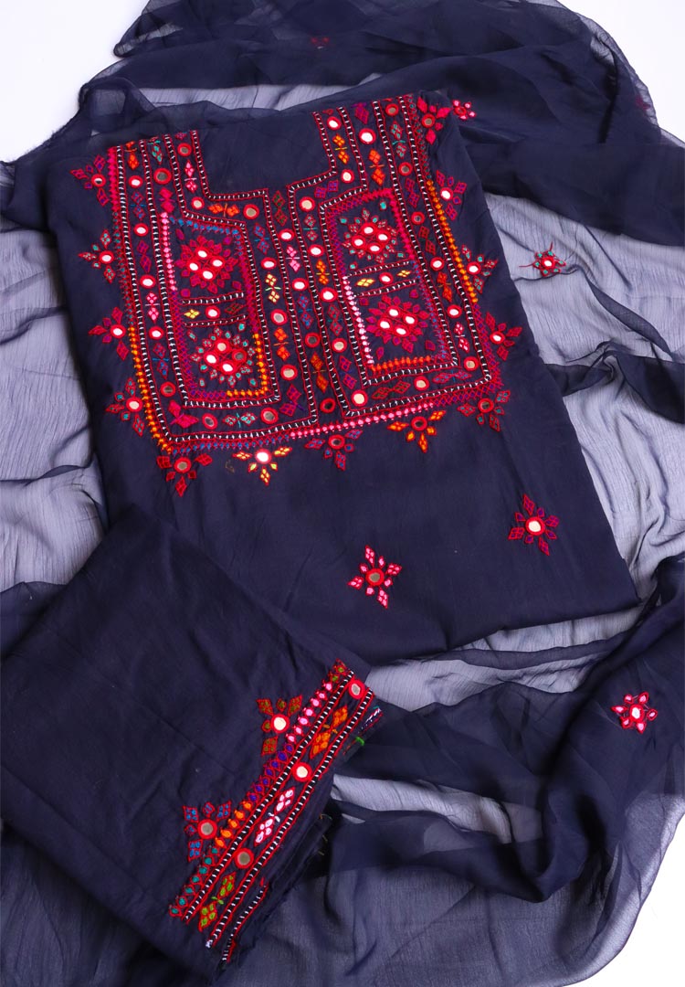 Hand Embroidered Needled work 3pc Suit- Navy Blue