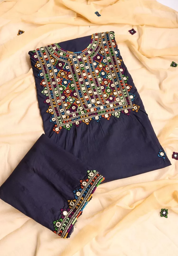 Hand Embroidered Needle Work 3pc Unstitched Suit - Navy Blue