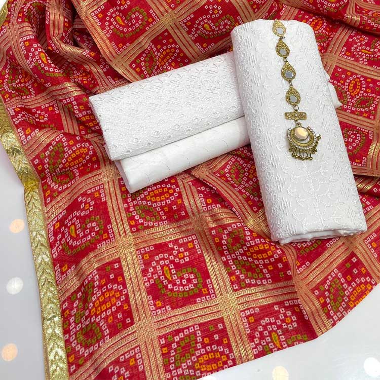 3 Piece Unstitched Heavy Embroidered Chickan Kari Pure Lawn Suit with Four Sided Embroidered Cotton Net Dupatta