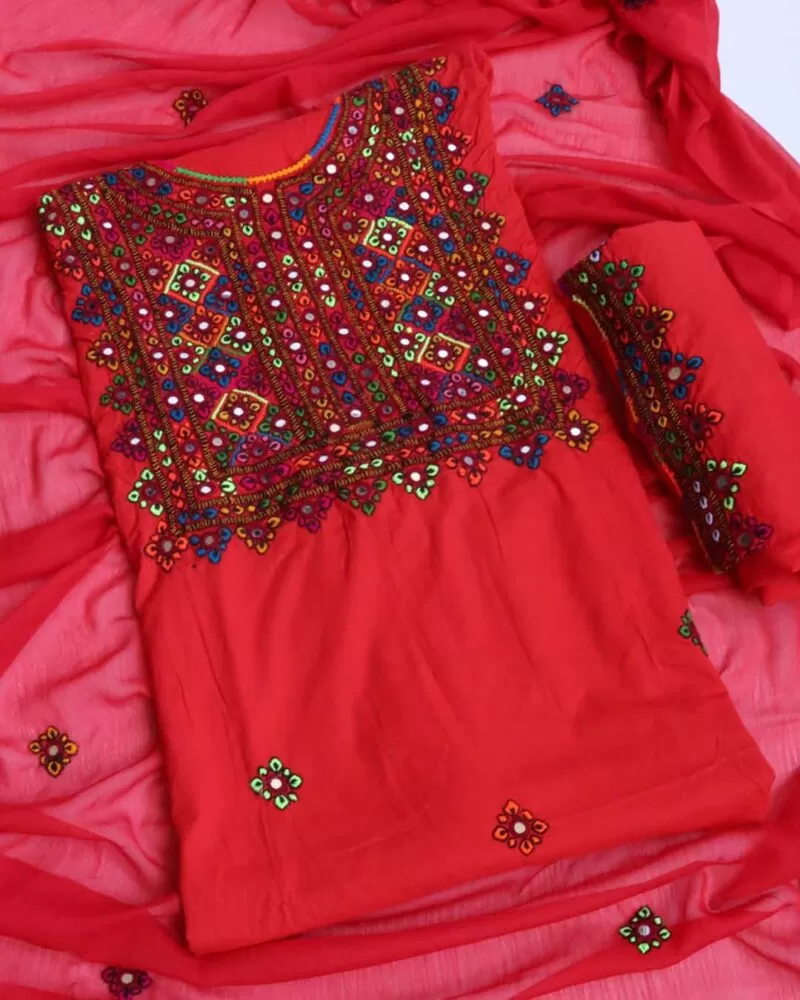 Hand Embroidered Needled work 3pc Suit-Red