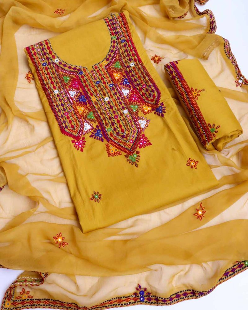 Sindhi Dress Hand Embroidered Needle Work- Mustered