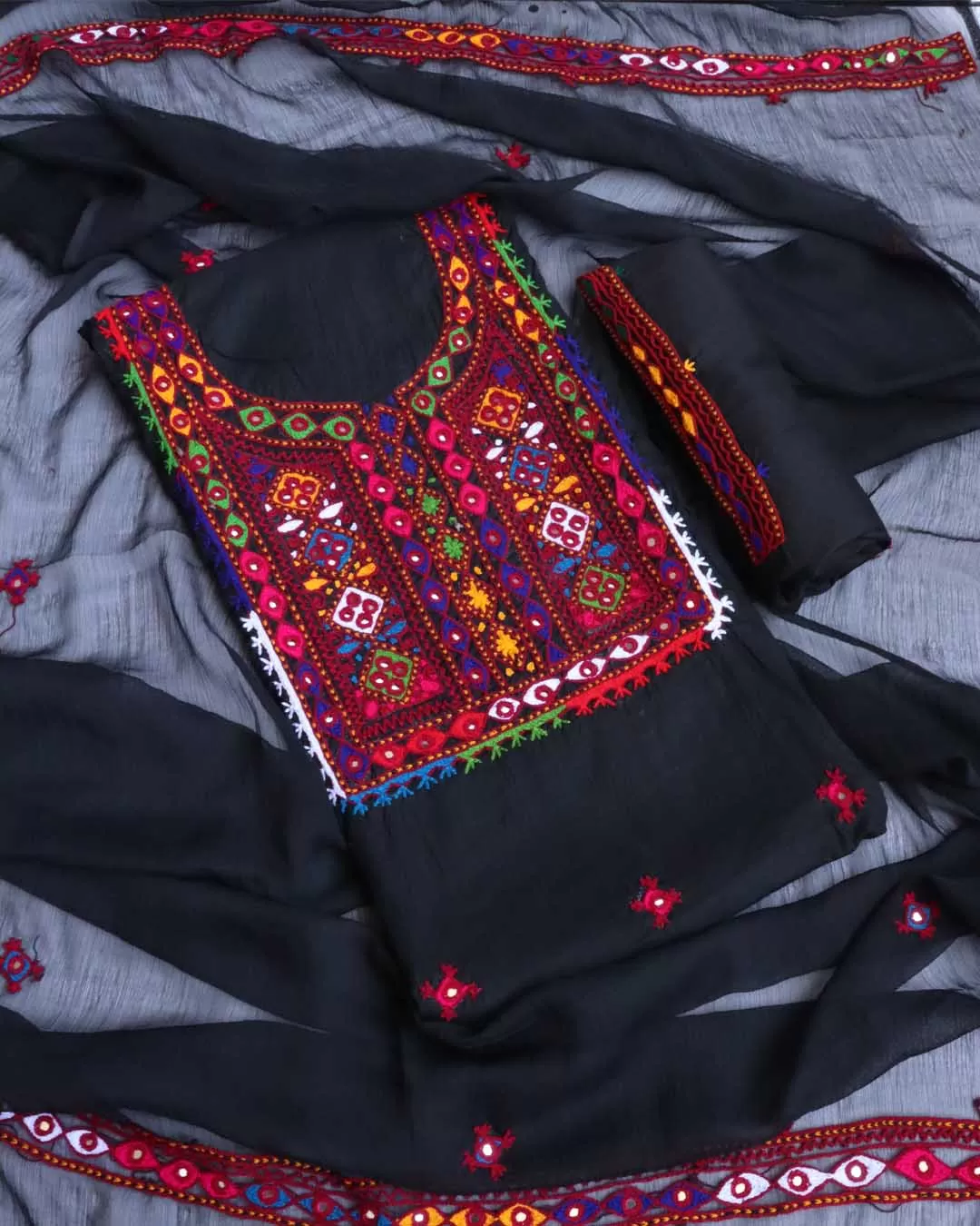 Hand Embroidered Needle Work 3pc Unstitched Suit-Black Hand Embroidered Needle Work 3pc Unstitched Suit-Black