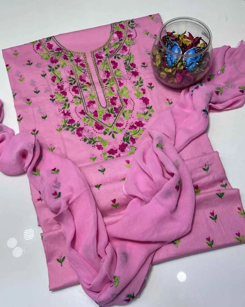 Hand Embroidered Kashmiri 3pc Dress- Pink