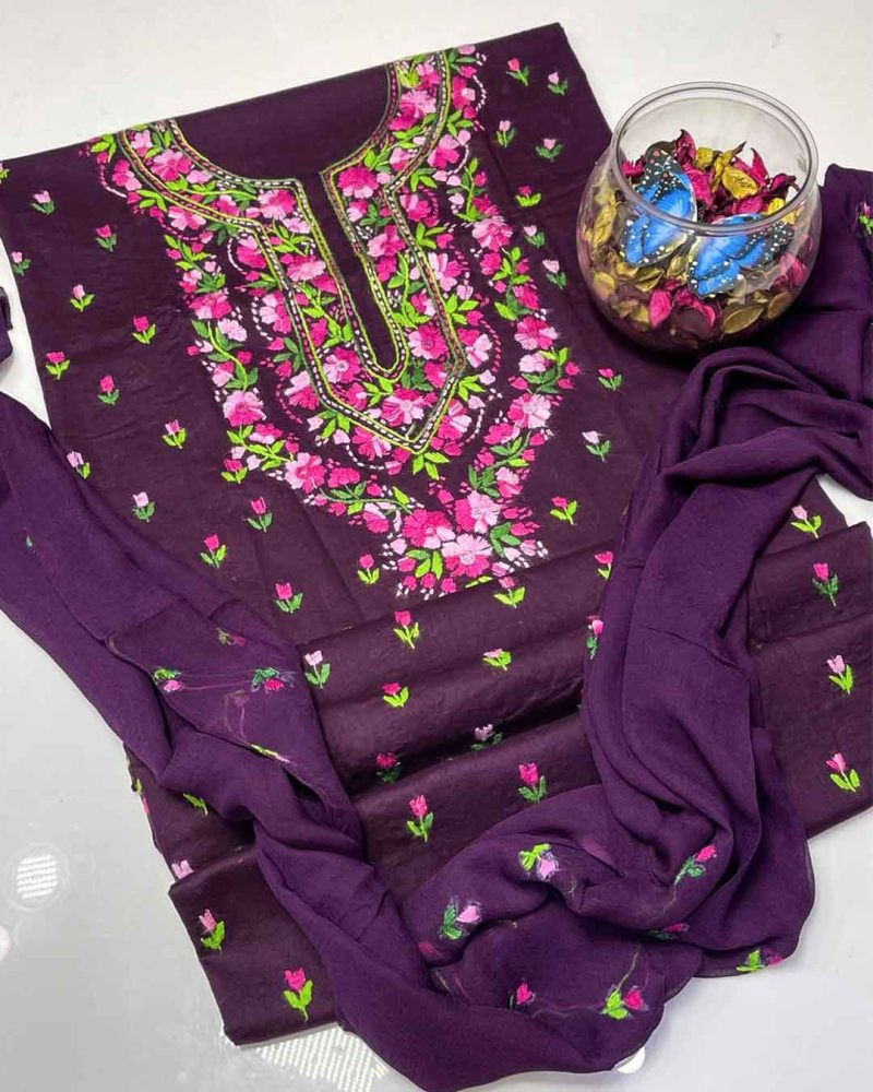 Hand Embroidered Kashmiri 3pc Dress-Purple