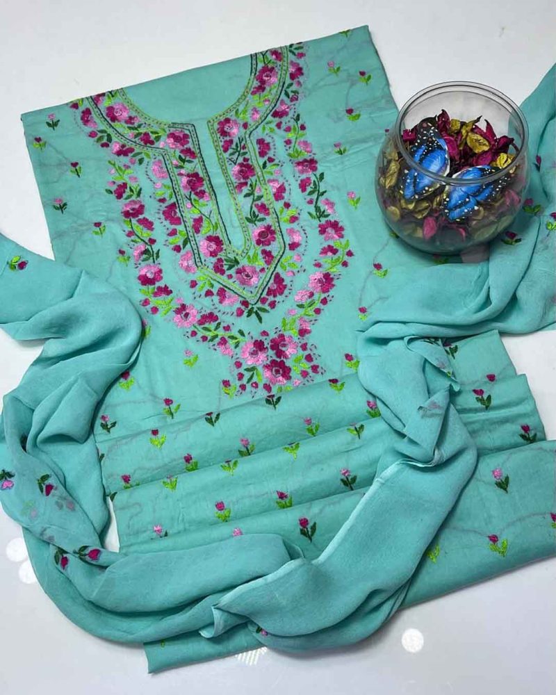 Hand Embroidered Kashmiri 3pc Dress- Sea Green
